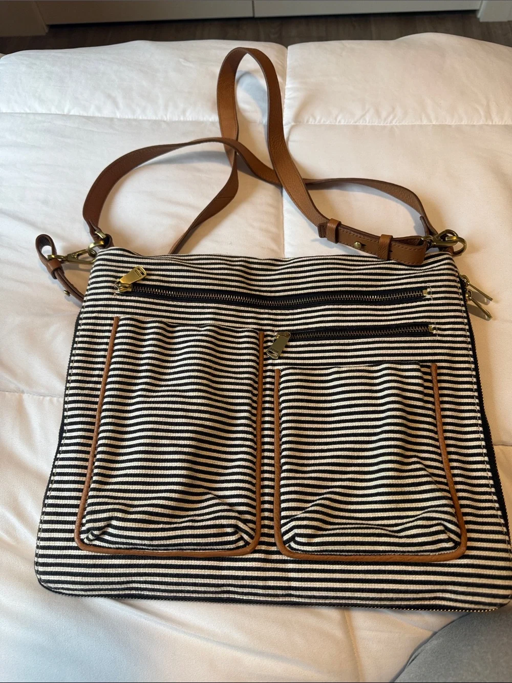 Fossil Black and White Striped Canvas Crossbody with Tan Leather Straps